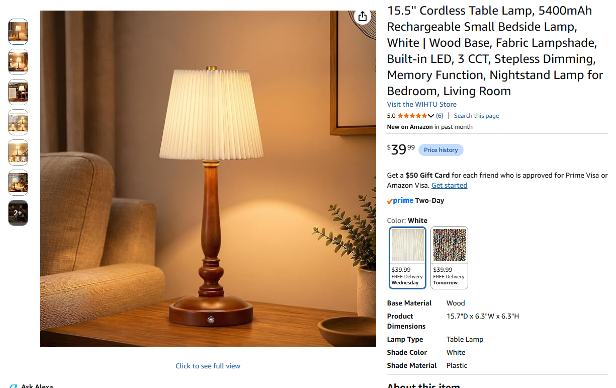 Cordless Table Lamp, 5400mAh Rechargeable