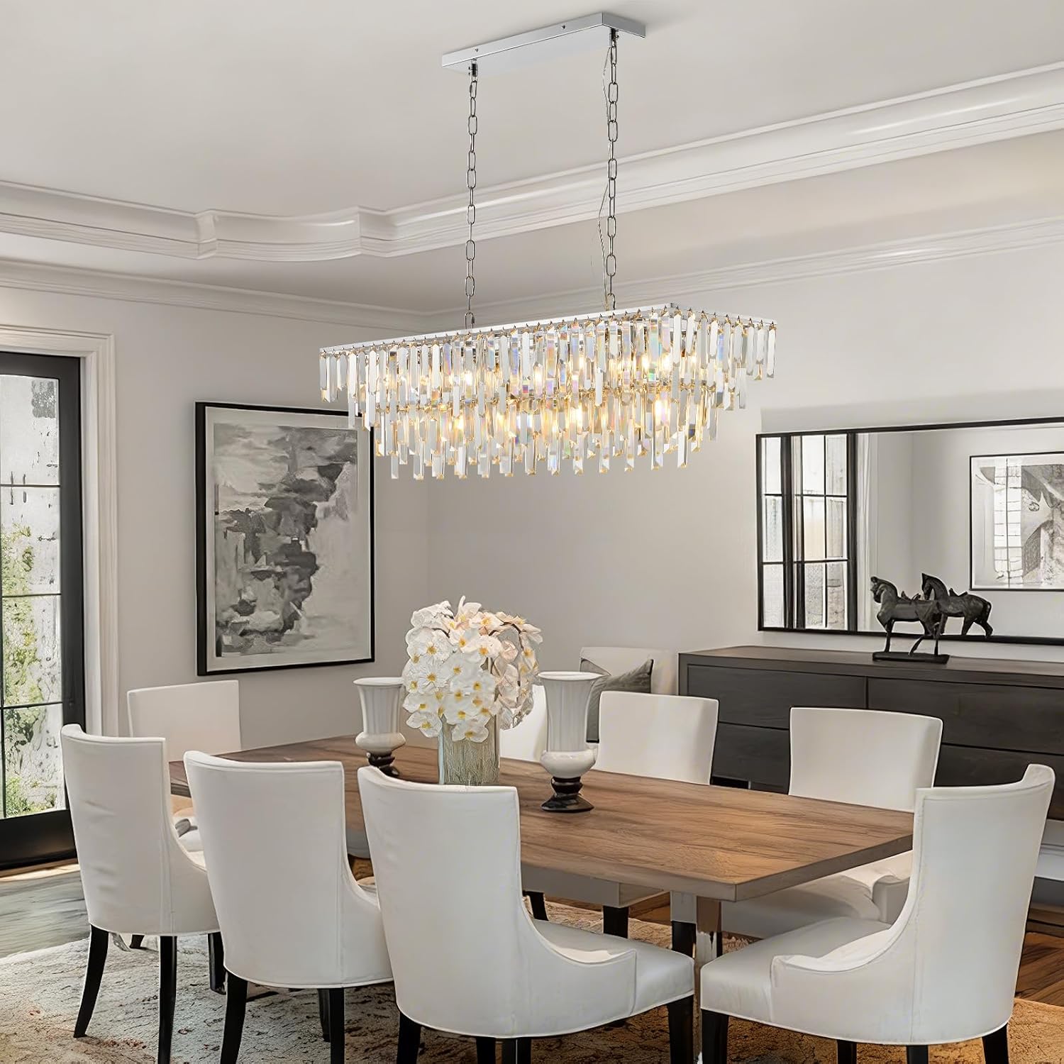 Modern Chrome Rectangle Crystal Chandelier: 2-Tier