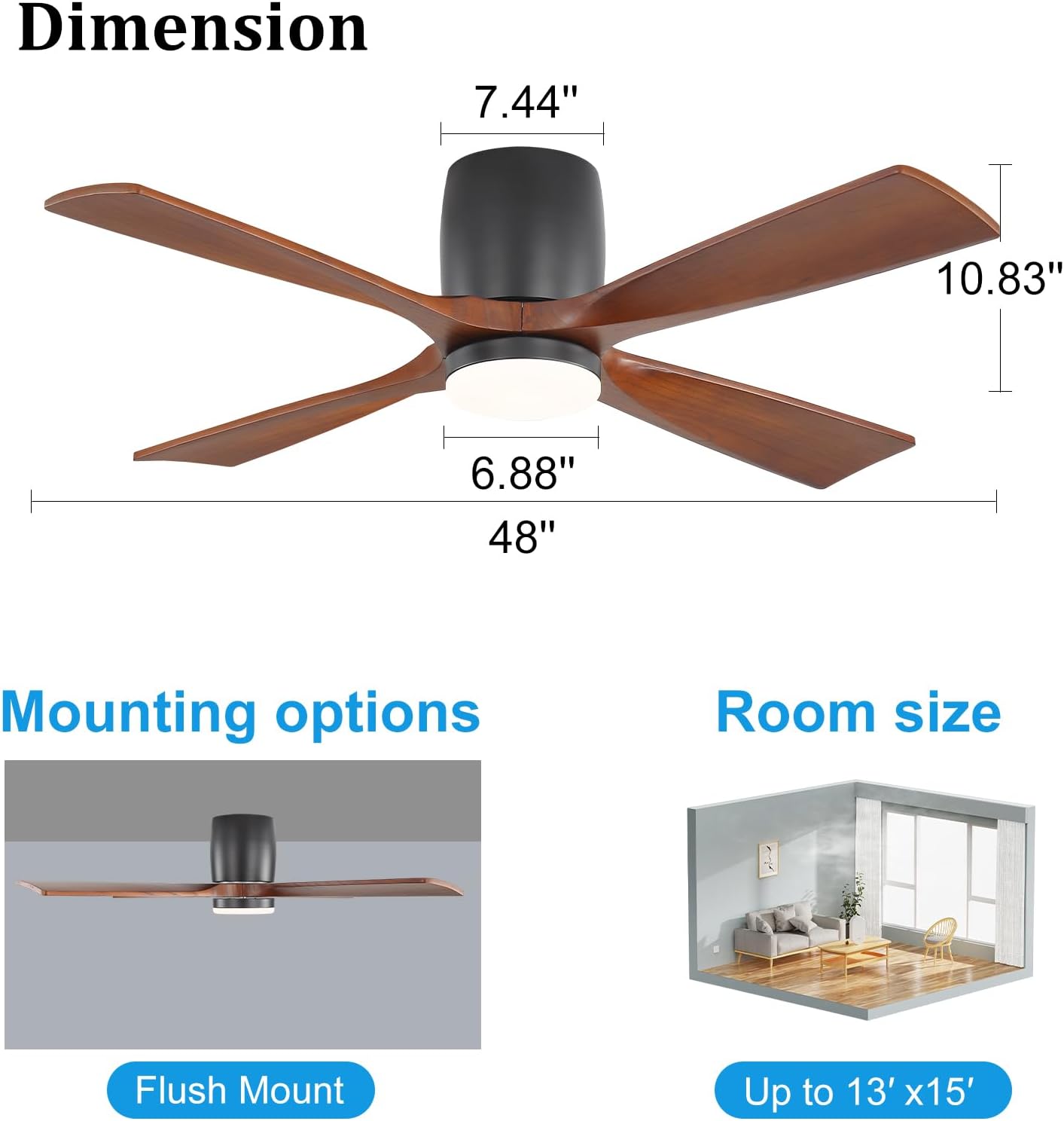 48 inch Fan Wood  Flush Mount Ceiling Fan with Lights