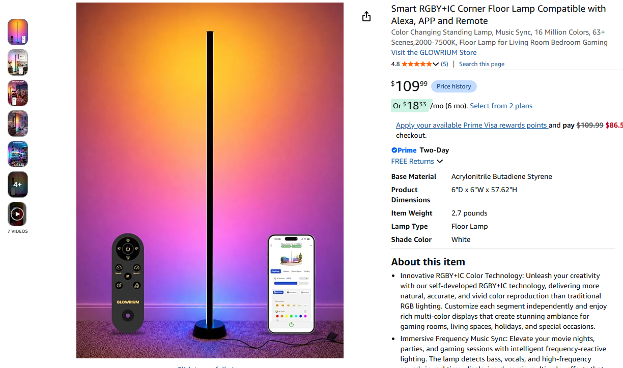 Floor Lamp with RGB Ripple Projector, 3-in-1 LED