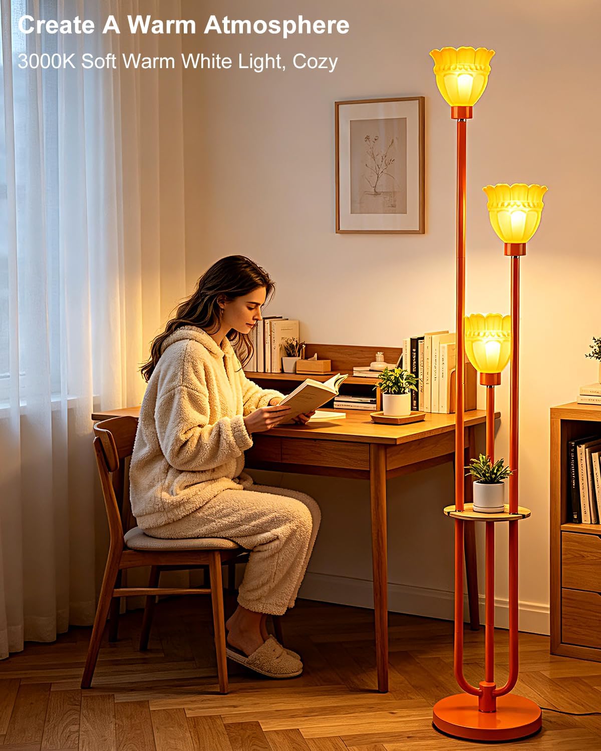 Floor Lamp with Shelf and Bulbs Included, Dimmable