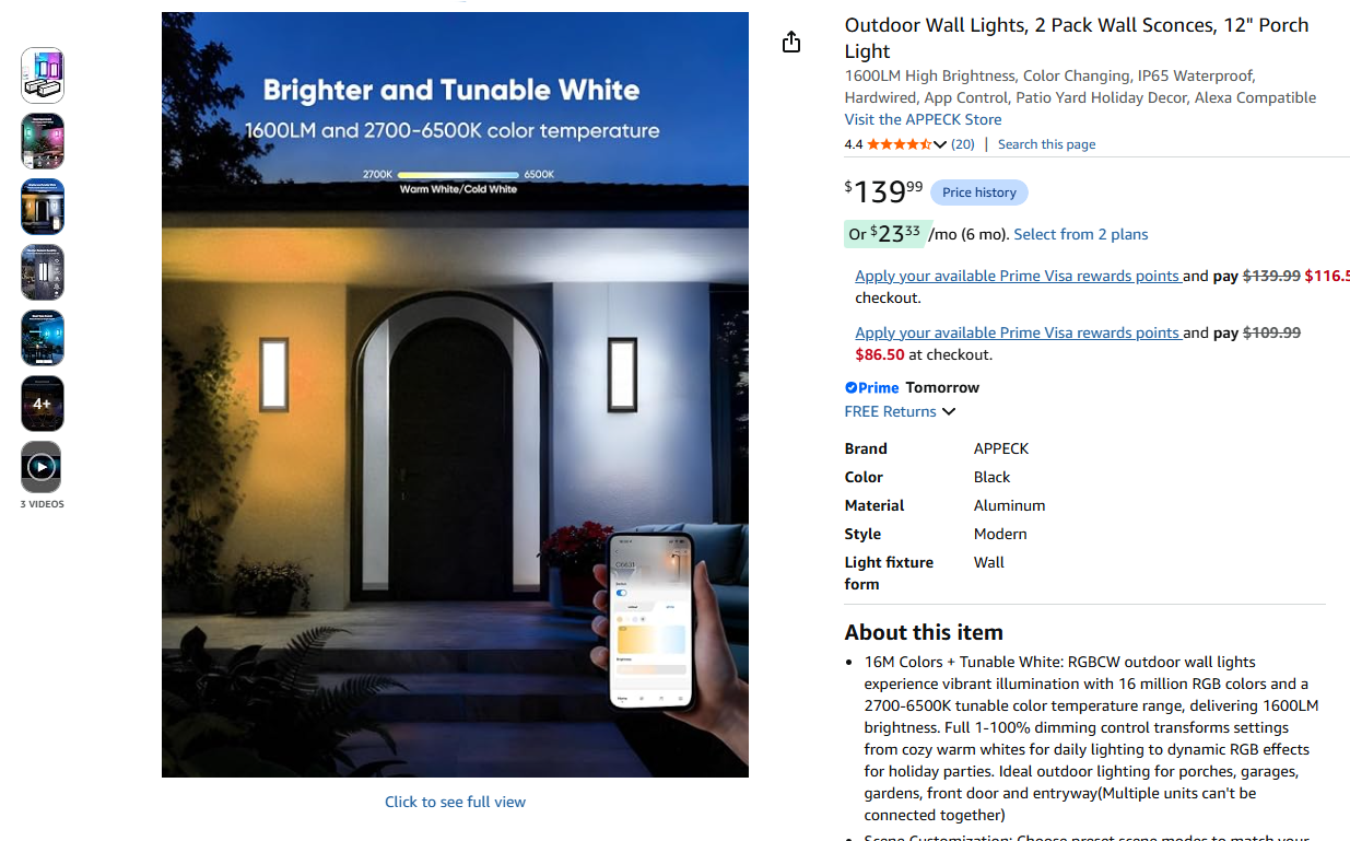 Smart Outdoor Wall Lights, 2 Pack