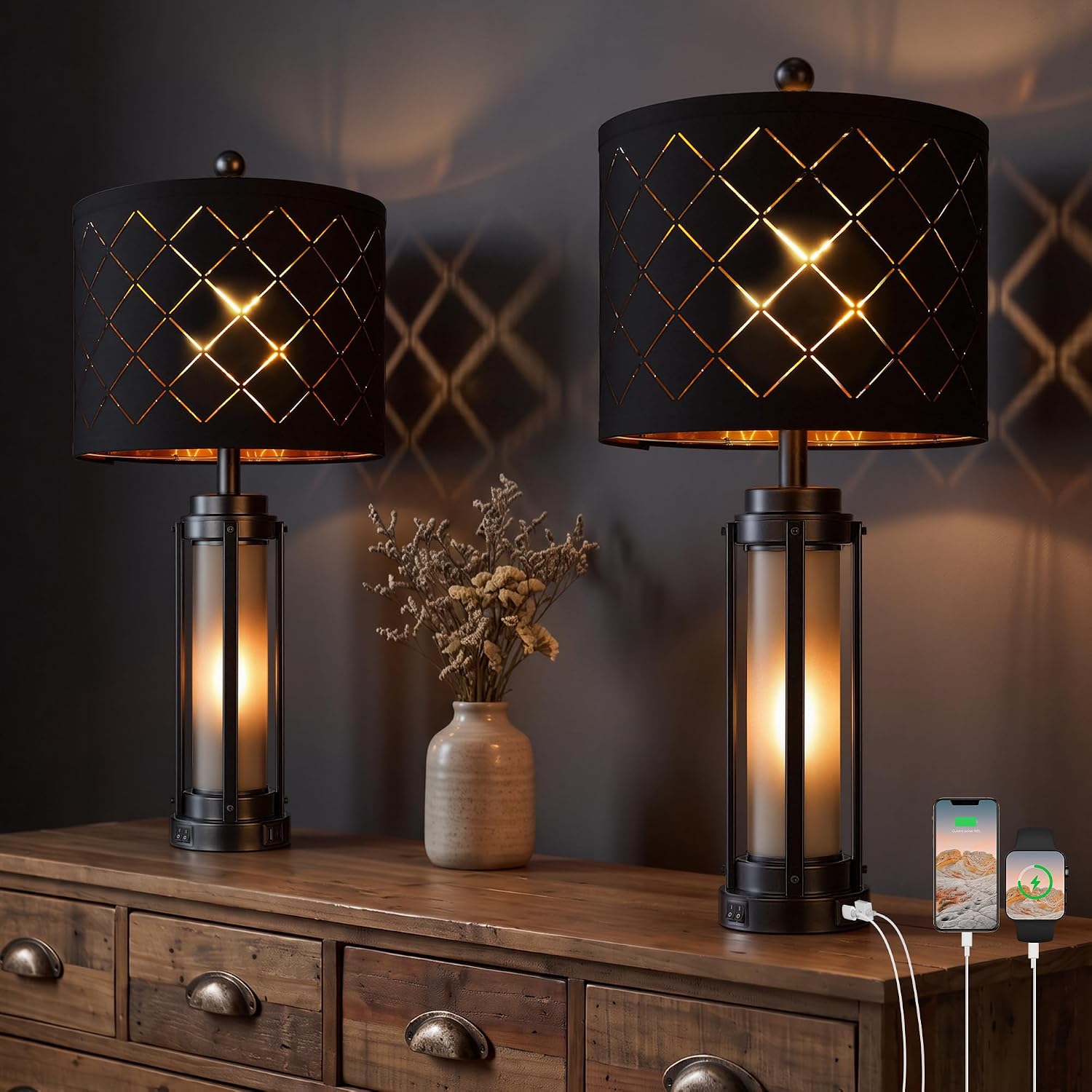 Modern Table Lamp Set of 2 with Nightlight,