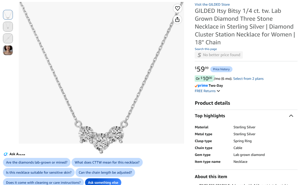 Diamond three stone necklace in sterling silver,