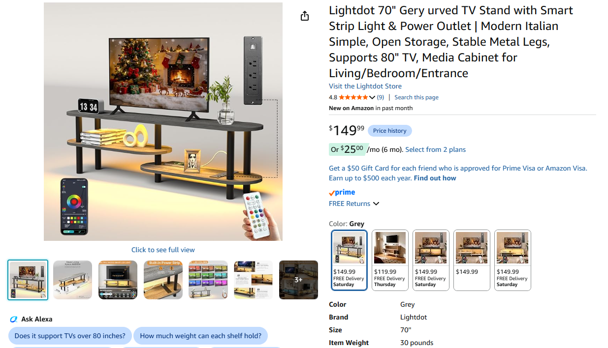 Curved TV Stand with Smart Strip Light & Power Outlet