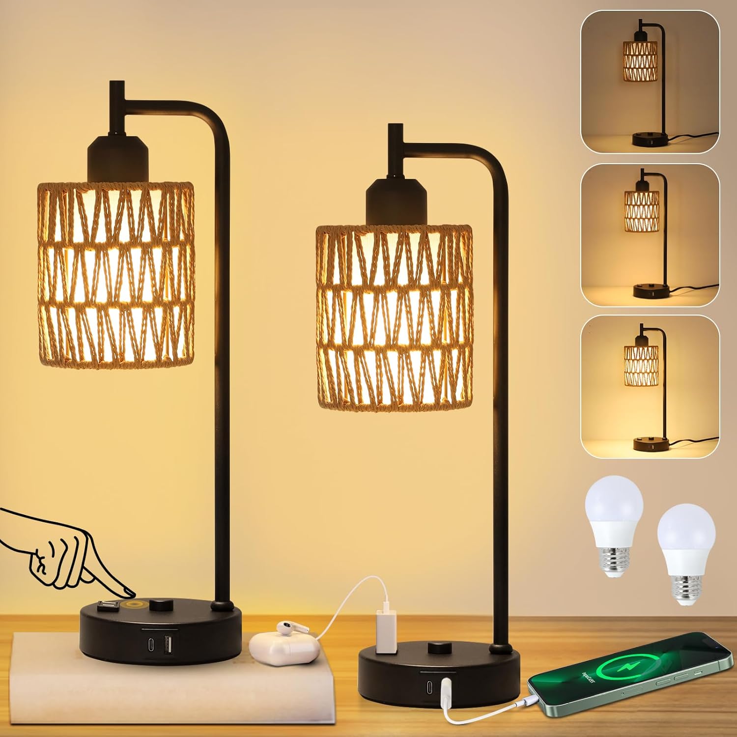 Touch Control Boho Table Lamps Set of 2,