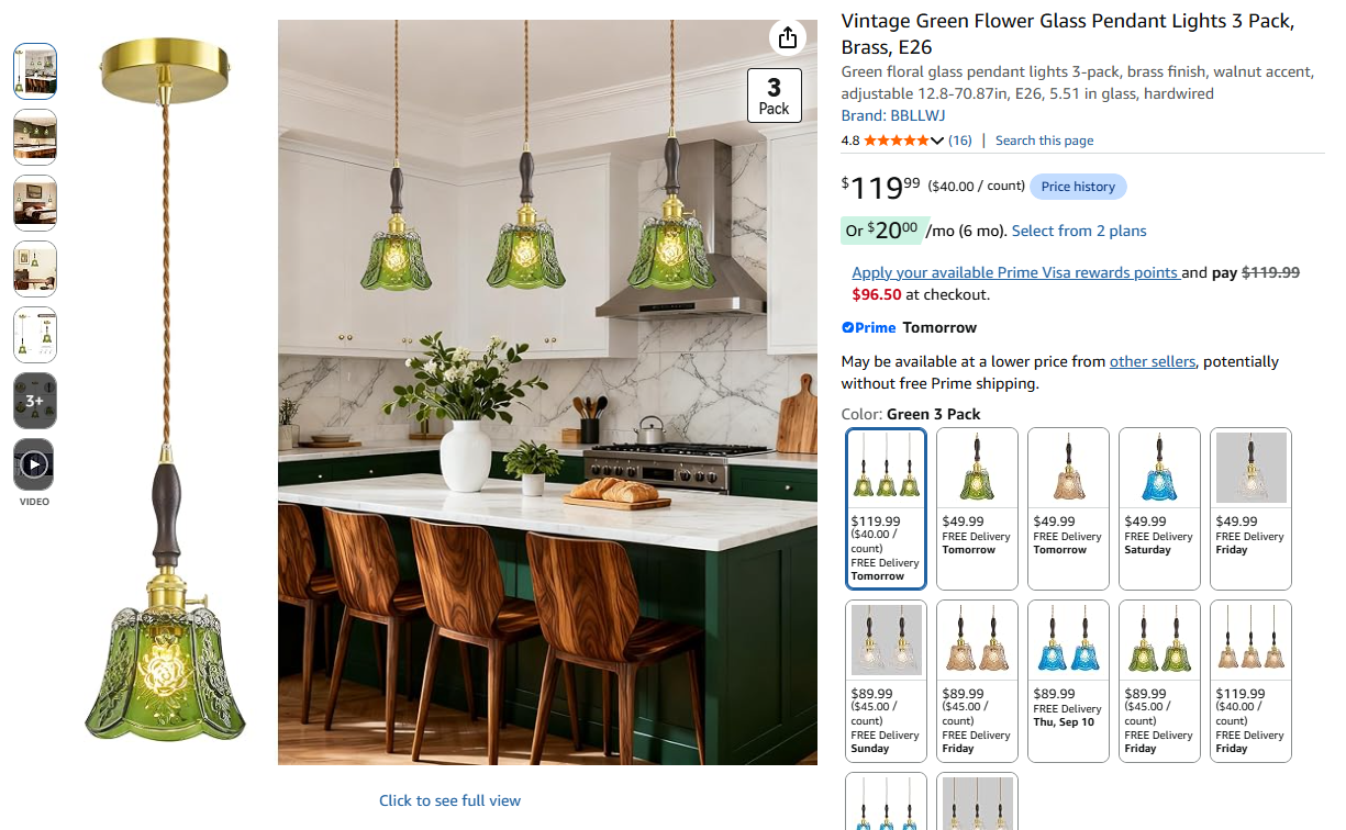 Vintage Green Flower Glass Pendant Lights 3 Pack,