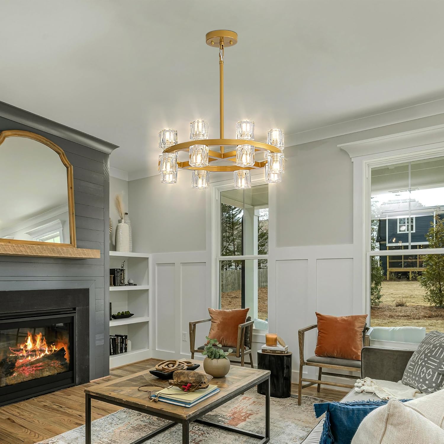 Crystal Wagon Wheel Chandelier with Crystal Shades