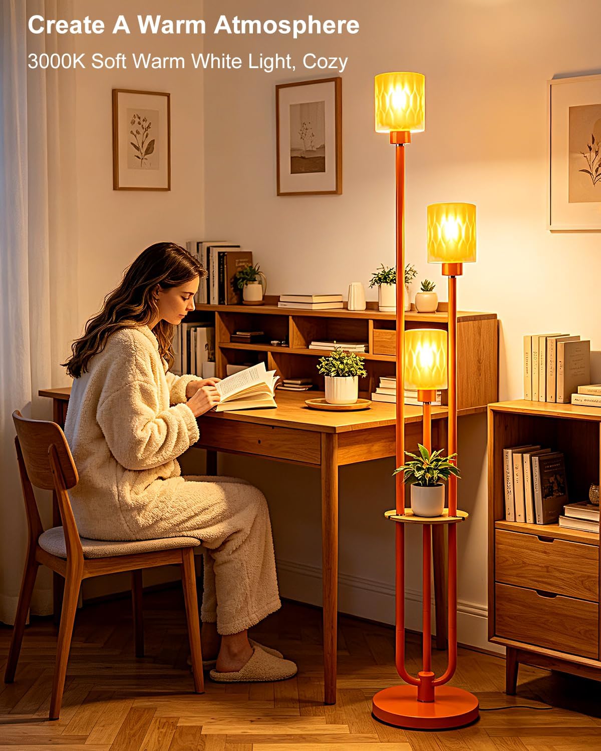 Glass Floor Lamp Dimmable 3-Light Farmhouse with shelf