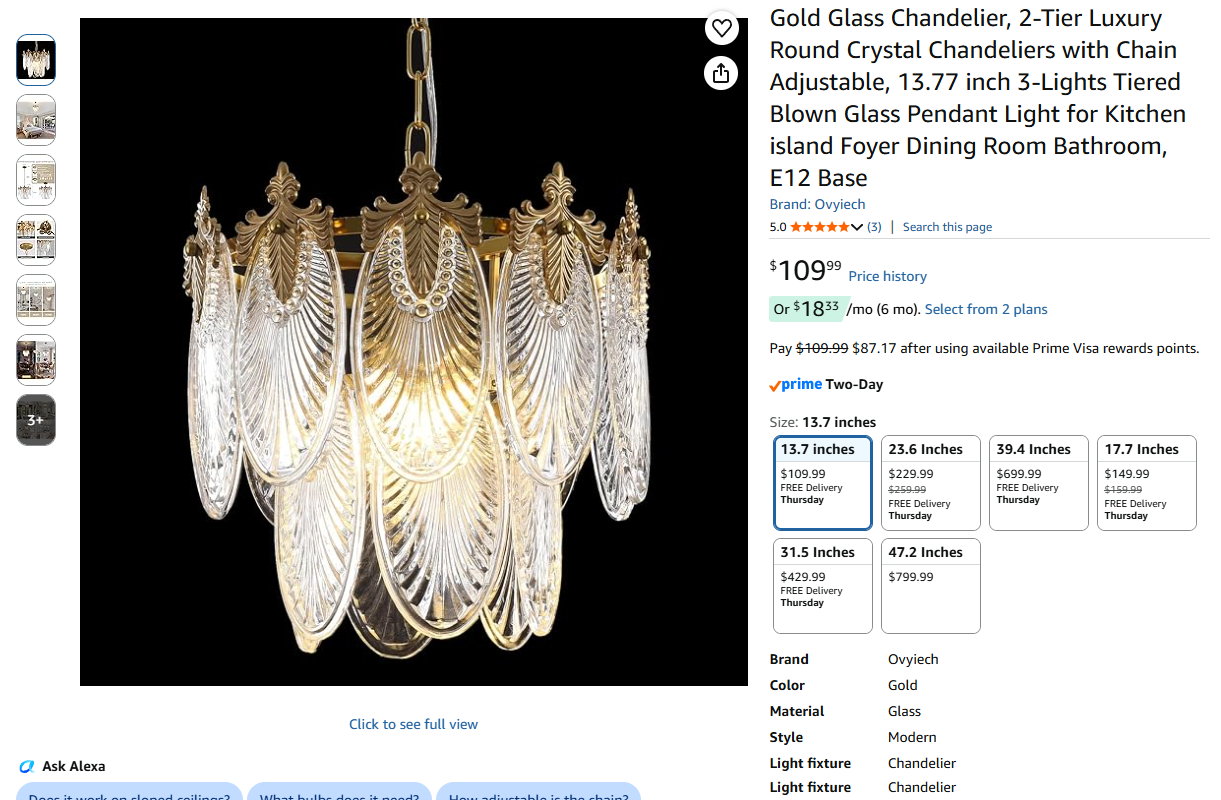 Gold Glass Chandelier, 2-Tier