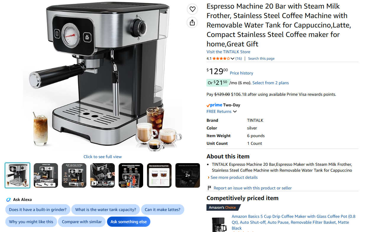 Espresso Machine 20 Bar with Steam Milk Frother,