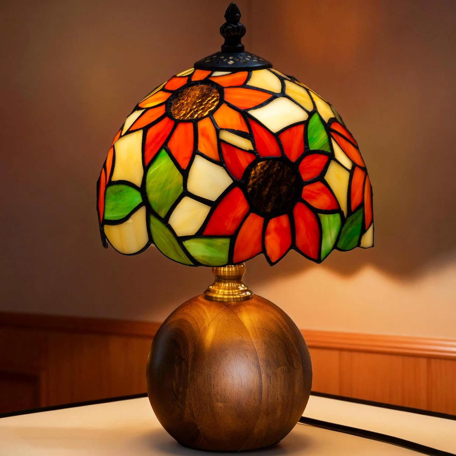 Handcrafted Sunflower Tiffany Lamp, Solid Wood