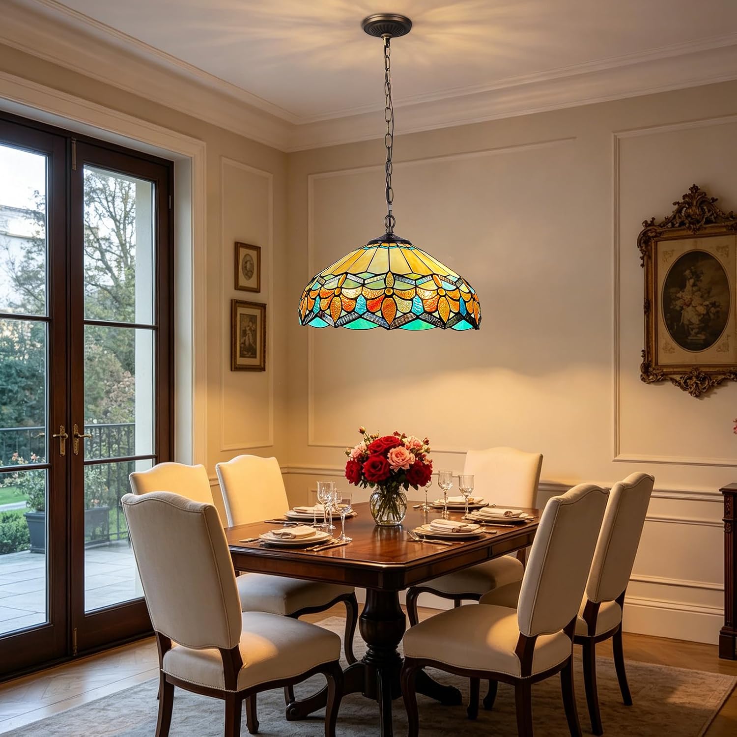 Antique Tiffany Pendant Light Fixture Stained Glass