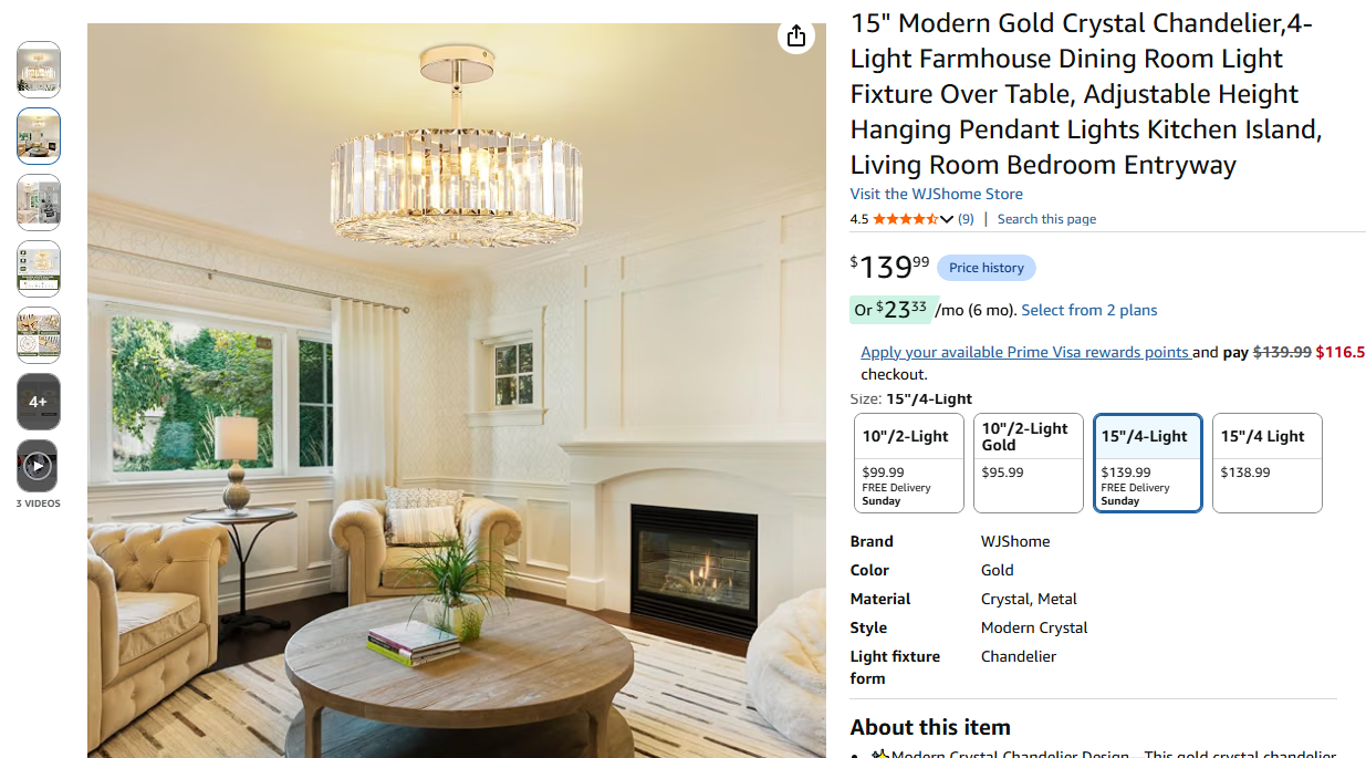 Modern Gold Crystal Chandelier,4-Light