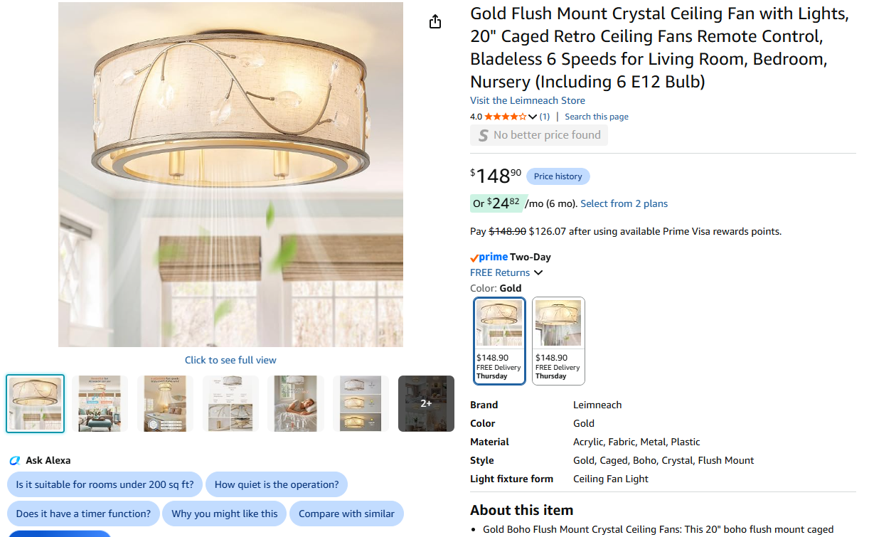 Gold Flush Mount Crystal Ceiling Fan, Lights  & remote