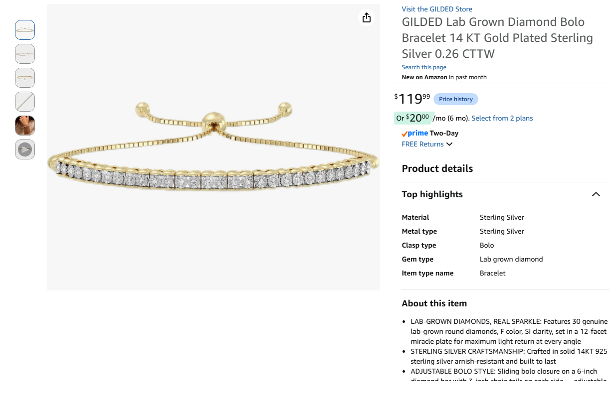 GILDED Diamond Bolo Bracelet 14 KT Gold Plated Sterling Silver 0.26 CTTW
