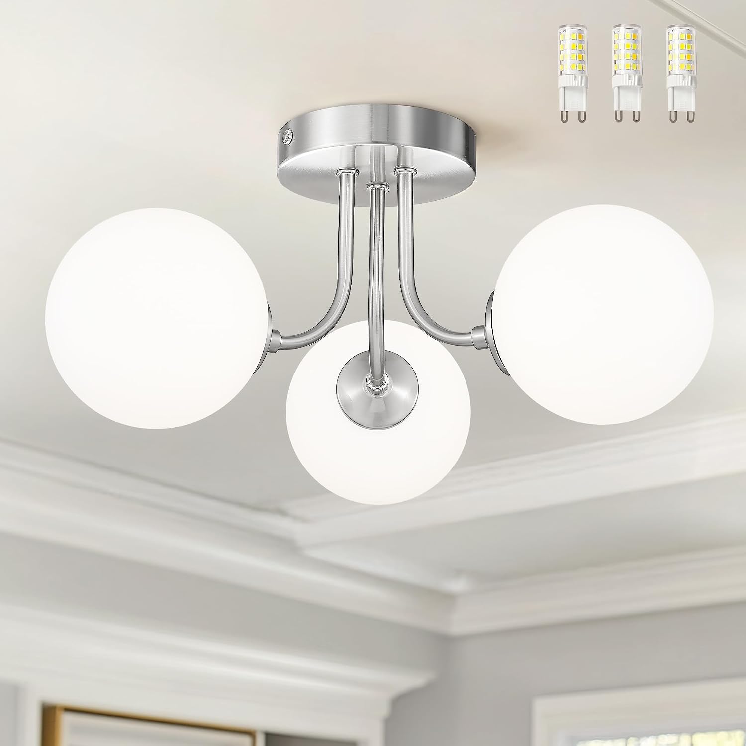 3 Globe Flush Mount Ceiling Light, White Frosted Glass