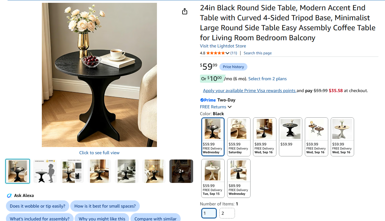 Black Round Side Table, Modern Accent End Table