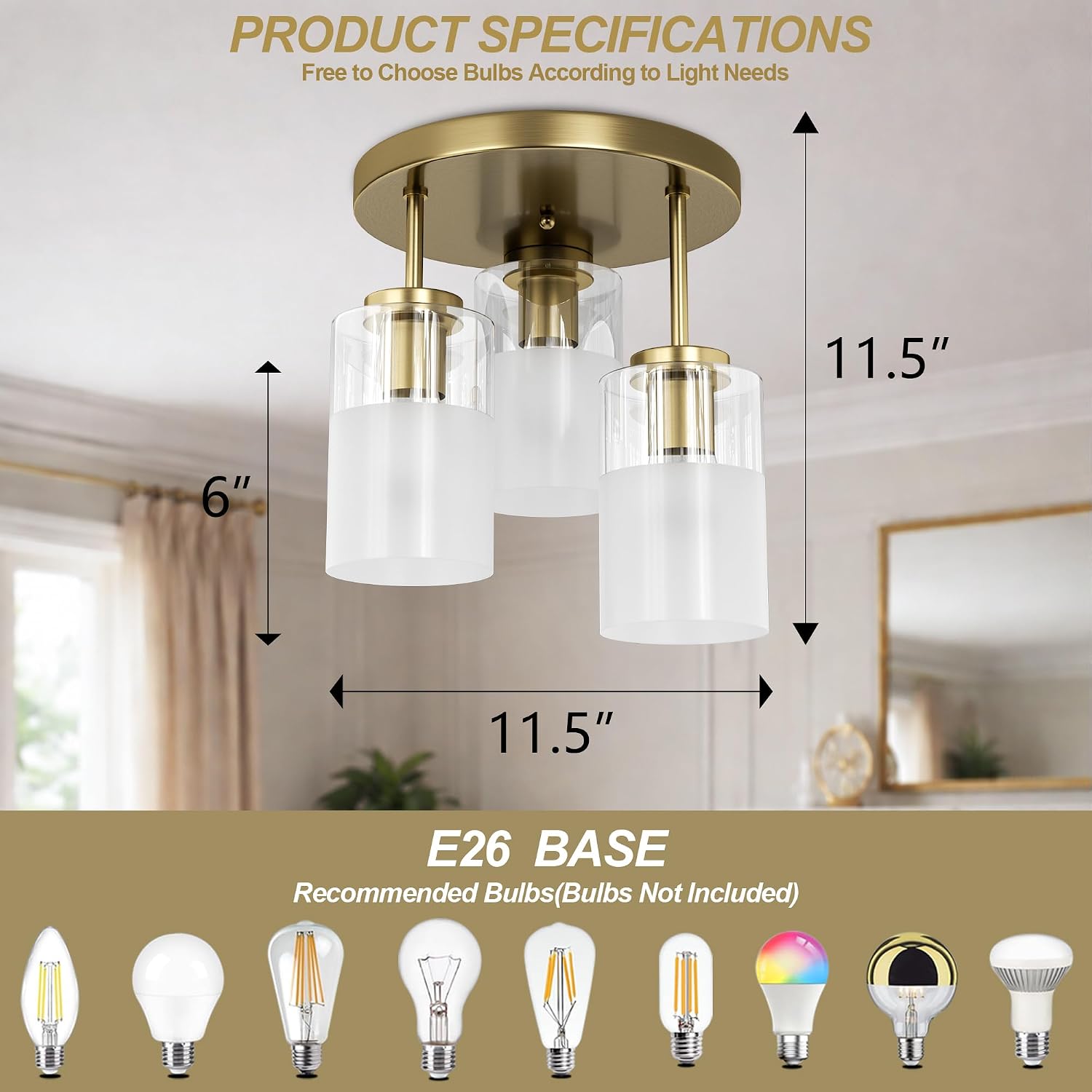 3-Lights Brass Semi Flush Lights
