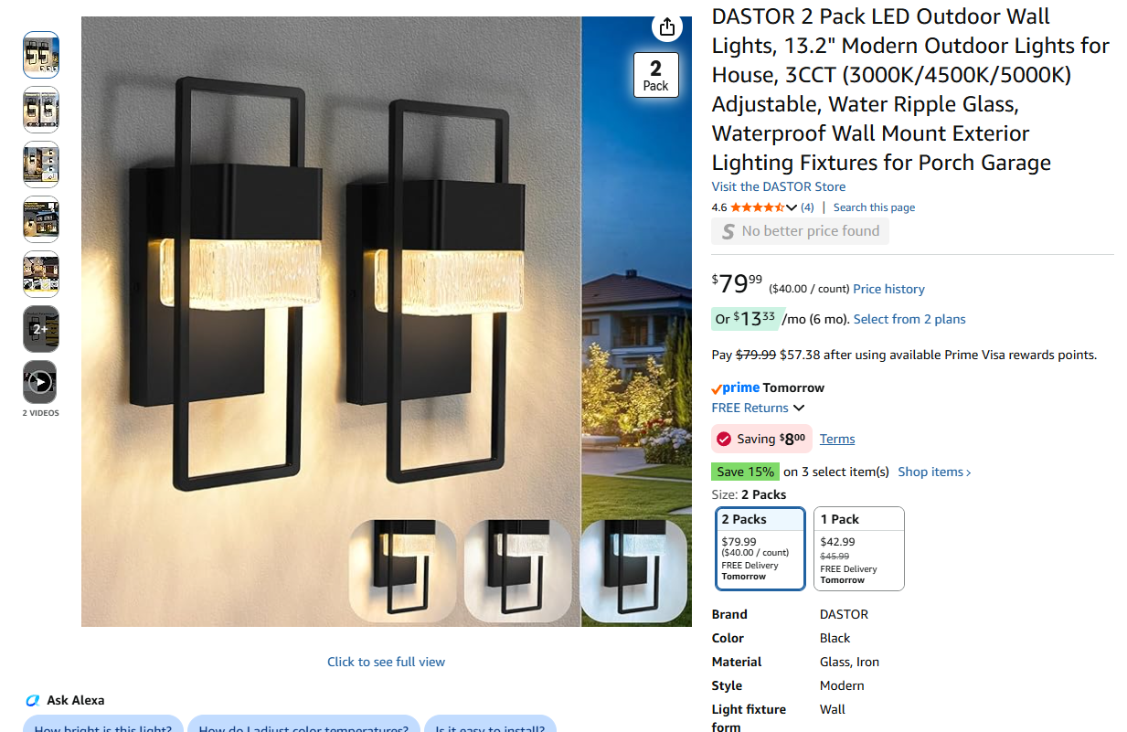 Outdoor Wall Lights 2 Pack