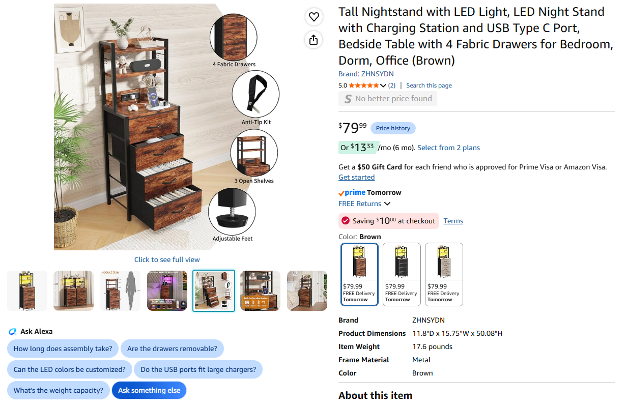 Tall Nightstand with LED Light,