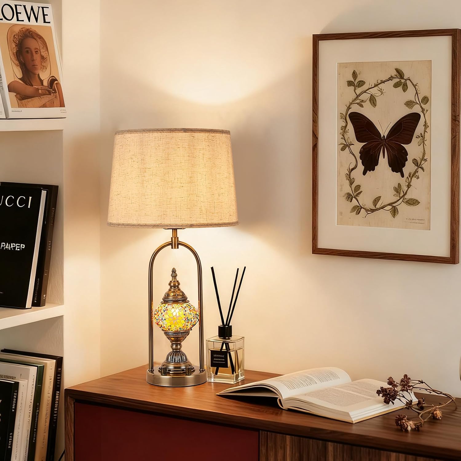 Vintage Moroccan Mosaic Table Lamp Set with USB