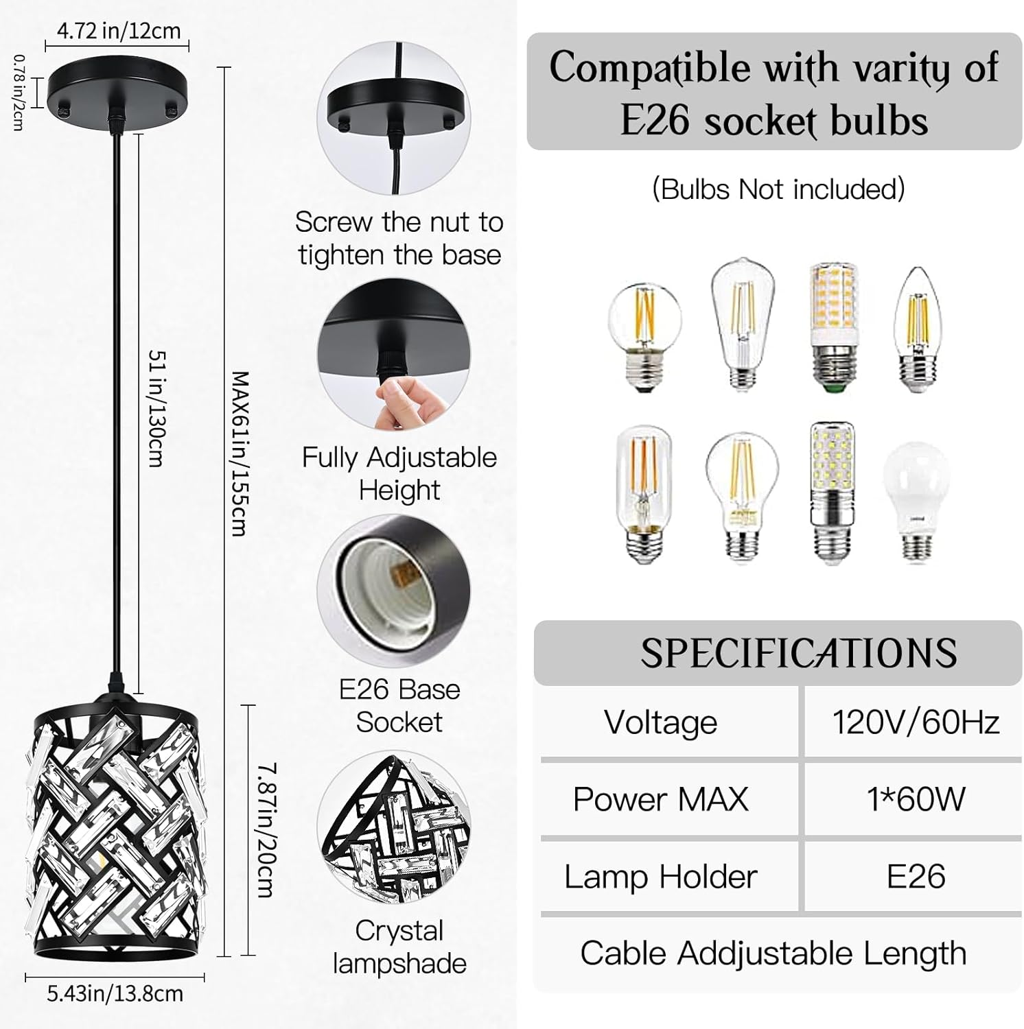 Crystal Black Pendant Lights - 2 Pack