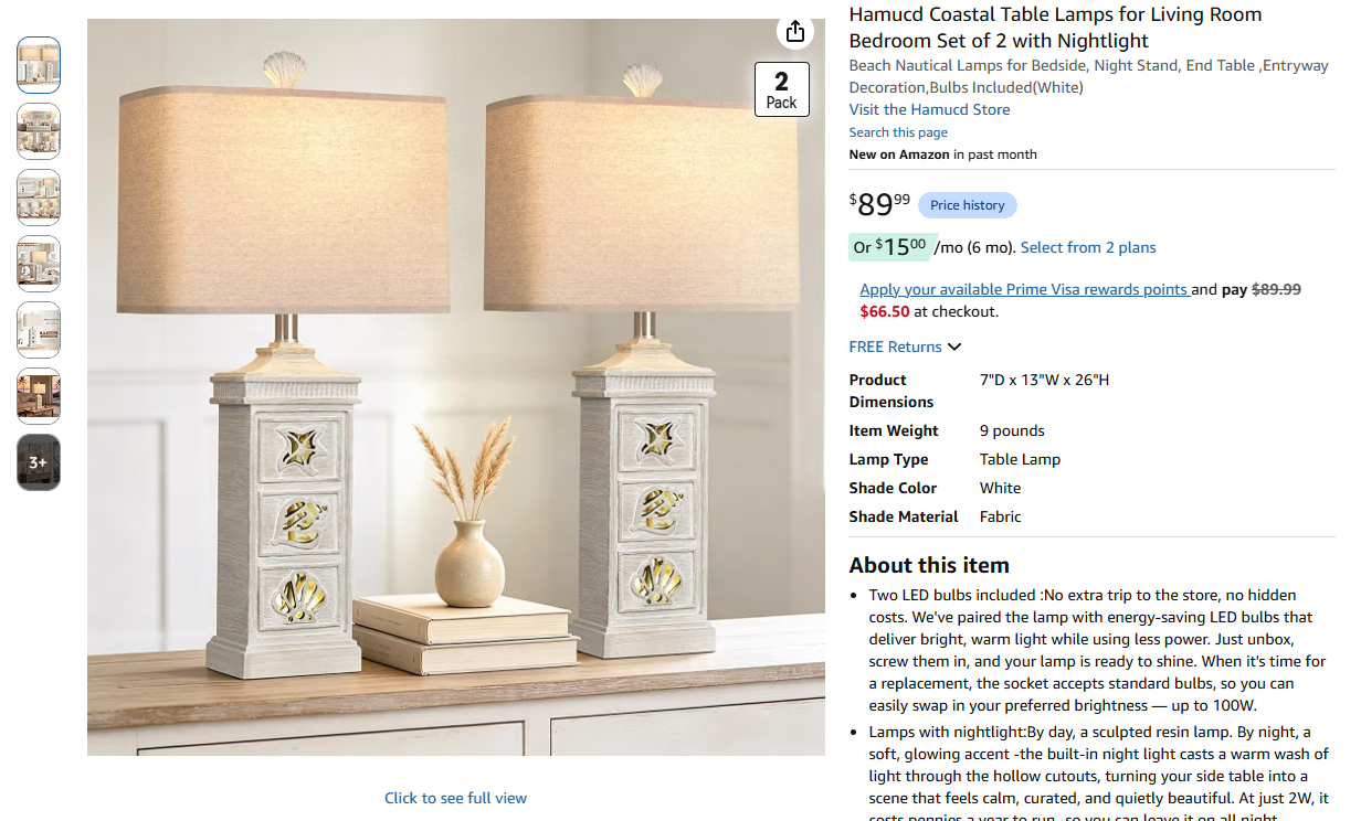 Coastal Table Lamps Set of 2 with Nightlight