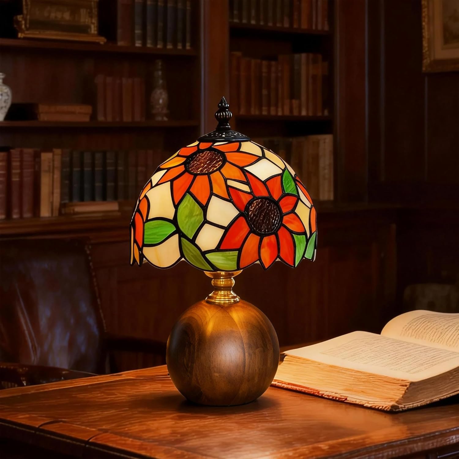 Handcrafted Sunflower Tiffany Lamp, Solid Wood