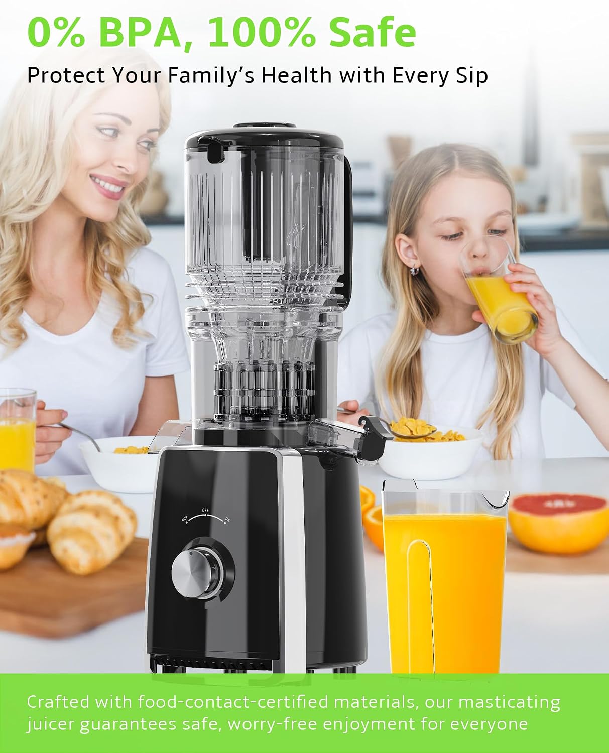Cold Press Juicer, Slow Masticating with Wide Feed Chute for Whole Fruits & Vegetables