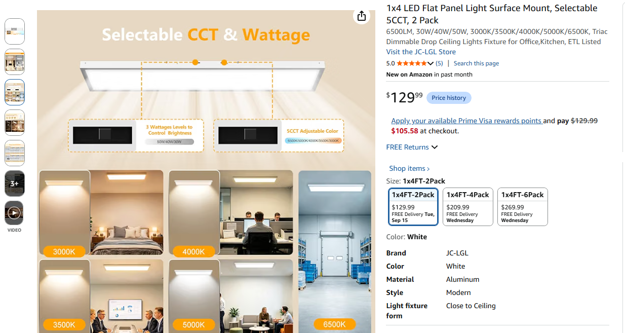 1x4 LED Flat Panel Light Surface Mount, Selectable 5CCT, 2 Pack