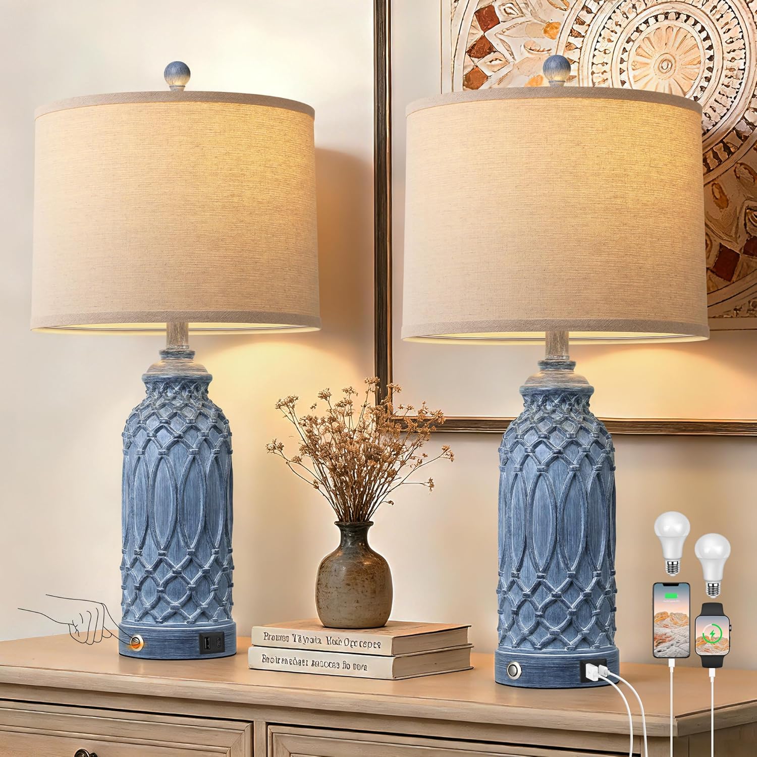 Woven Resin Table Lamps Set of 2,