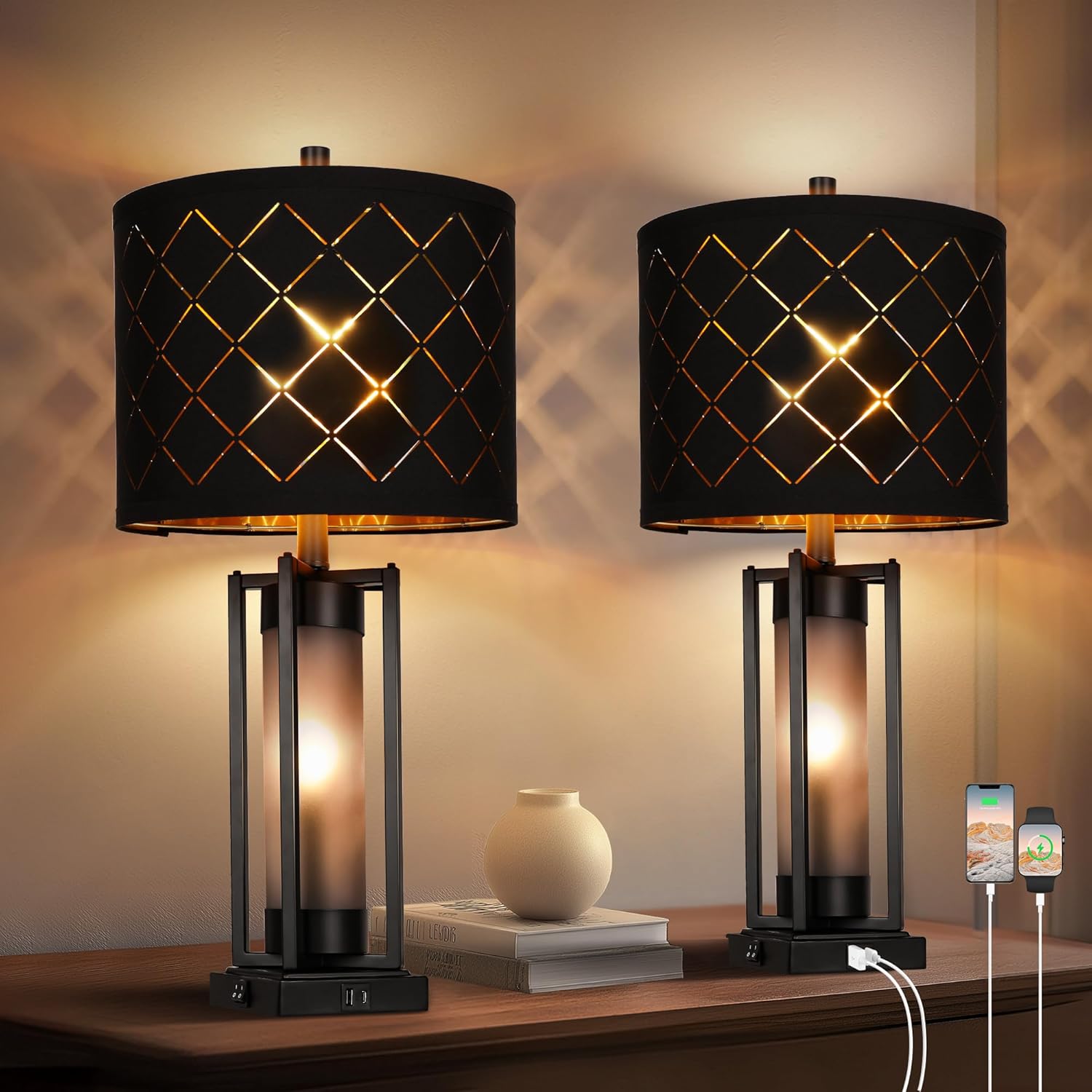 Modern Table Lamp Set of 2 with Nightlight, Black