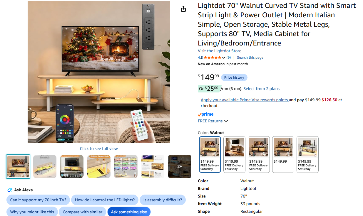 Walnut Curved TV Stand with Smart Strip Light & Power Outlet