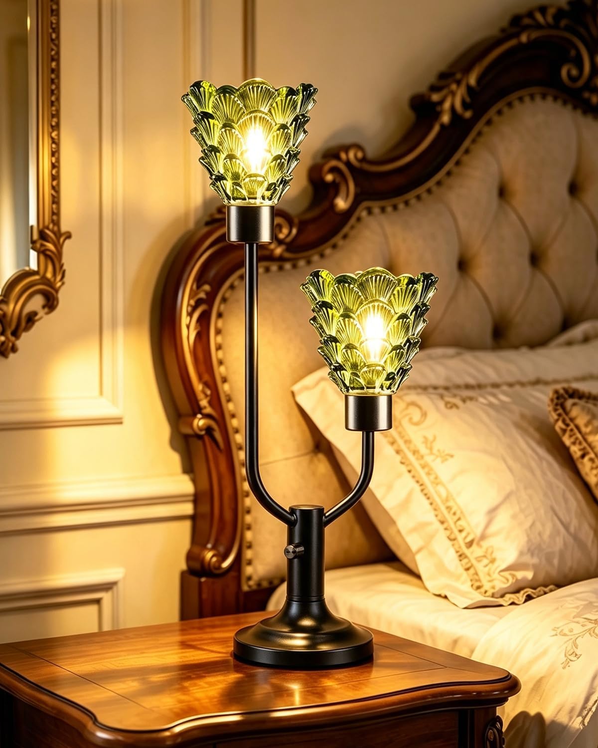 Green Glass Table Lamp with 2-Lights