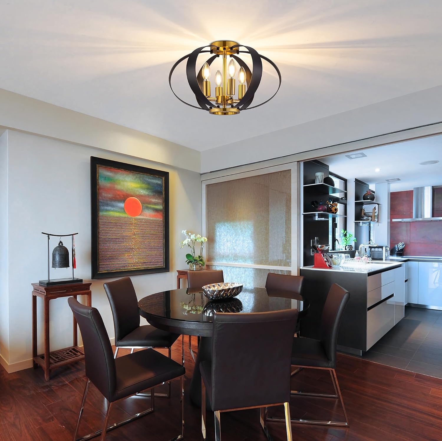 4-Light Black Gold Flush Mount Ceiling Light,