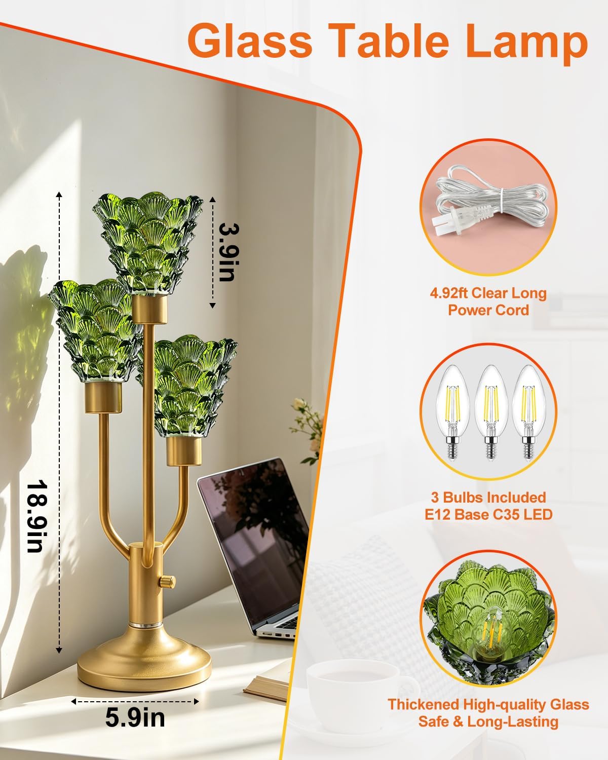 Green Glass Mid Century Modern Table Lamp Bulbs Included