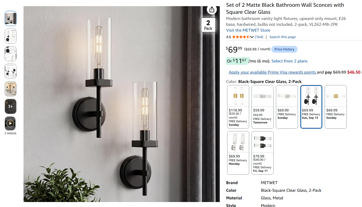 Bathroom Wall Sconces with Square Clear Glass - 2 Pack