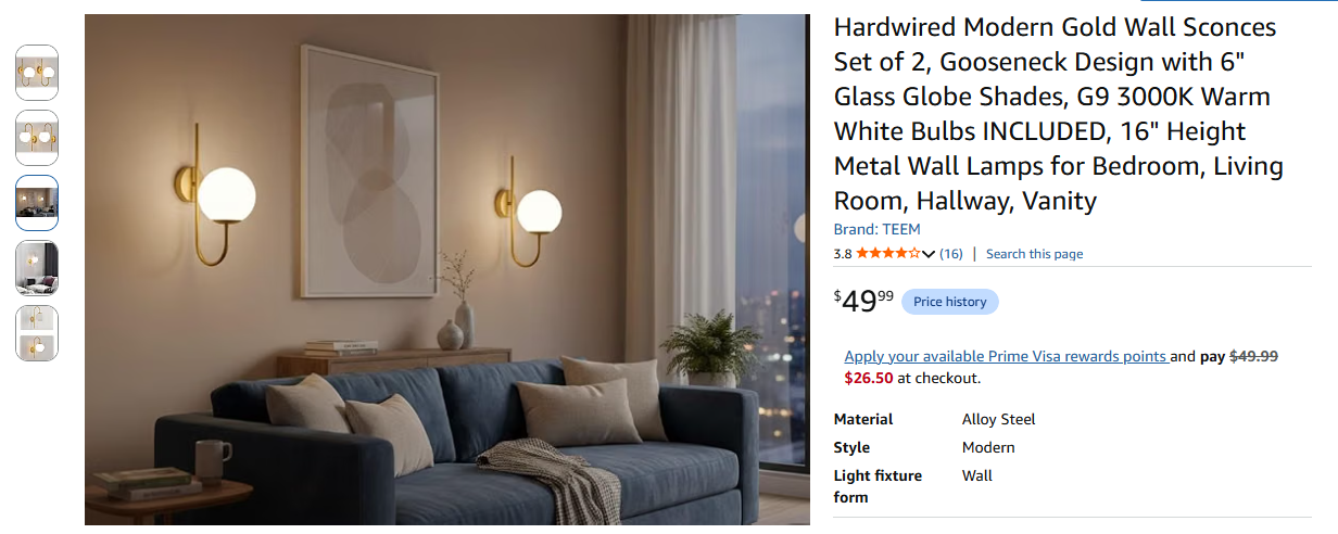 Modern Gold Wall Sconces Set of 2, Gooseneck