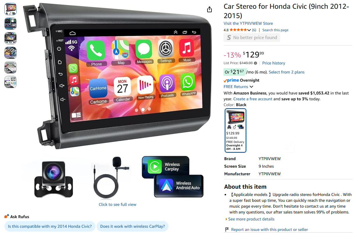 Smart Car Stereo for Honda Civic 2012-2015