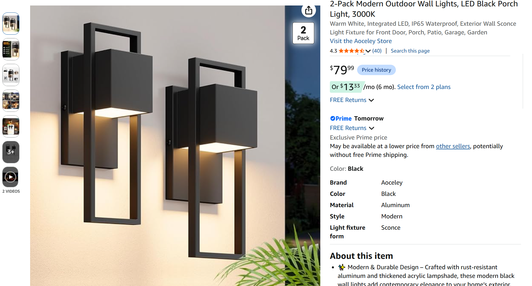 2-Pack Modern Outdoor Wall Lights