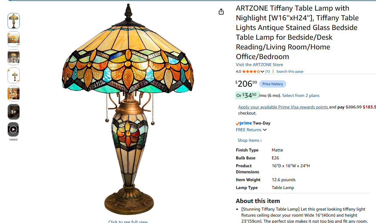 Tiffany Table Lamp with Nighlight