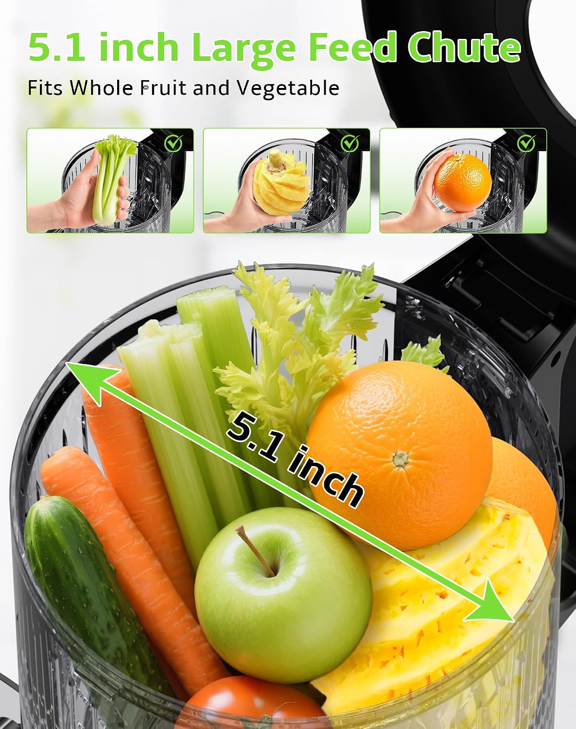 Cold Press Juicer, Slow Masticating with Wide Feed Chute for Whole Fruits & Vegetables