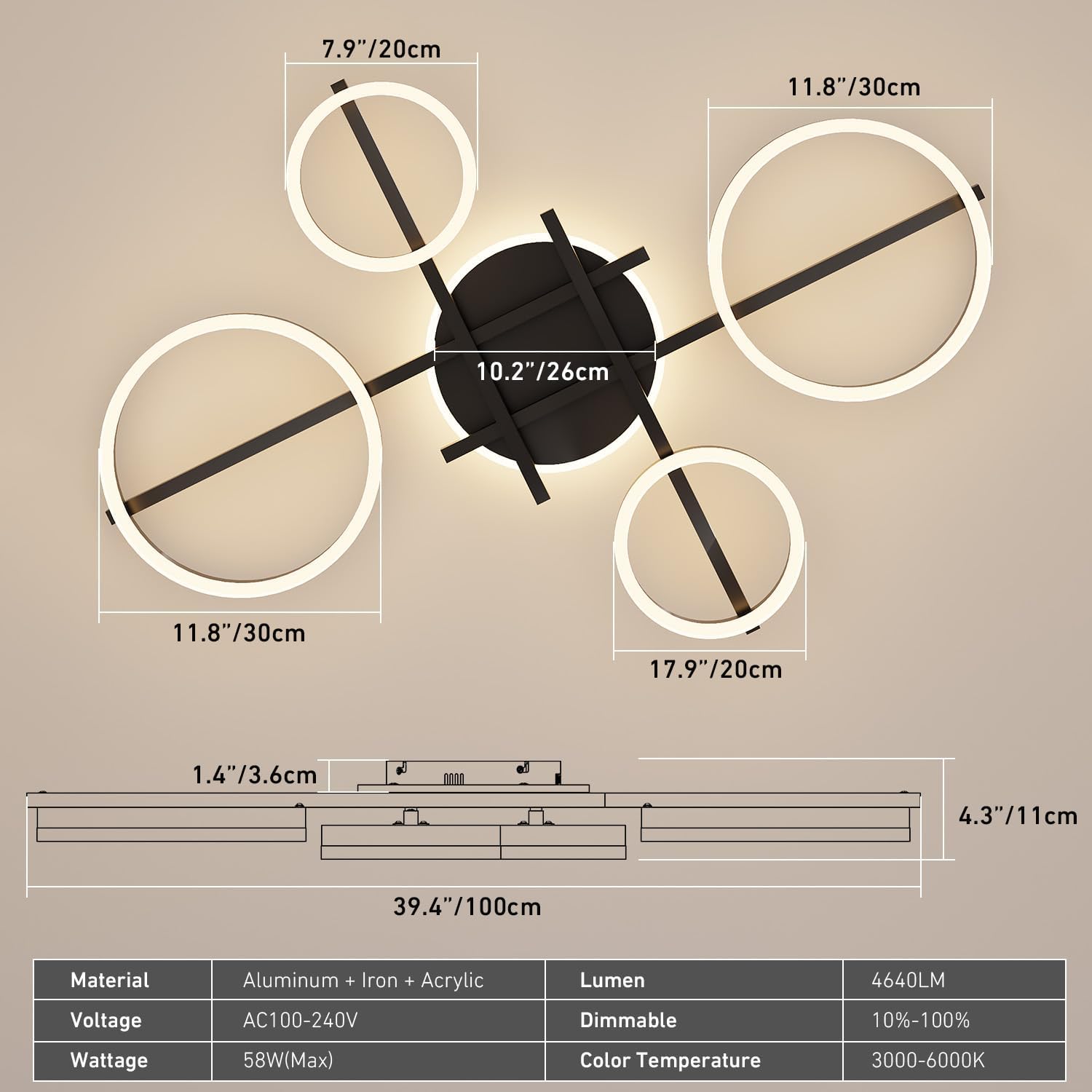 5-Ring LED Dimmable Modern Ceiling Light Fixture