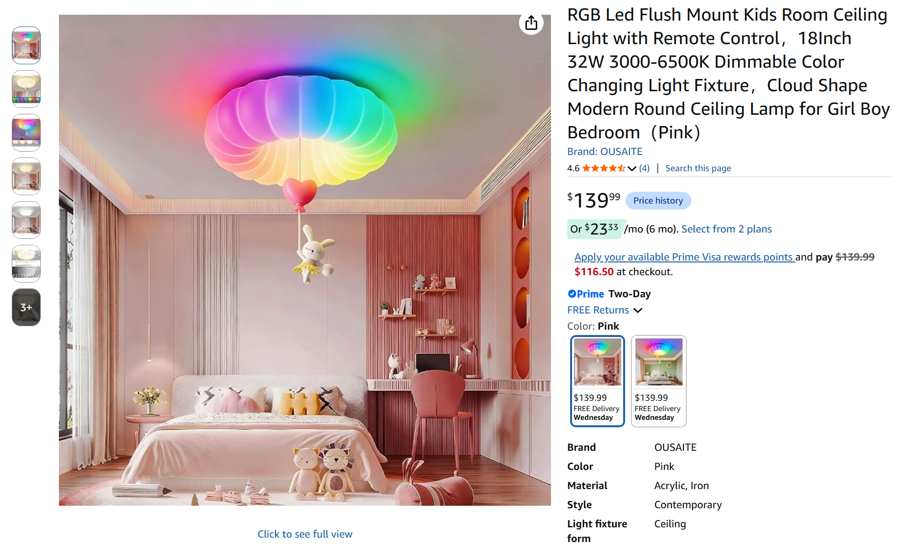 RGB Led Flush Mount Kids Room Ceiling Light with Remote