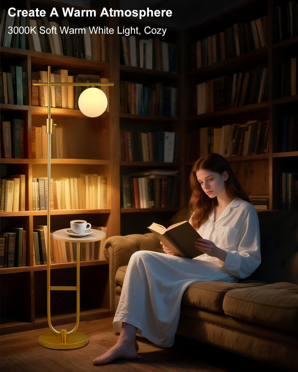 Dimmable Floor Lamp with Table Gold 66IN - Includes Bulbs