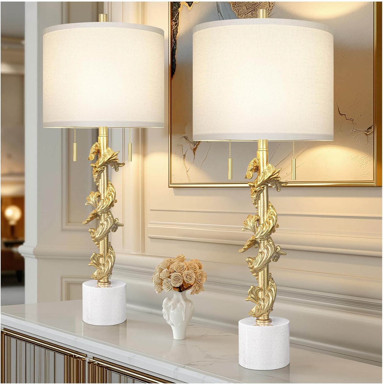 Gold Leaf Table Lamp Set of 2 - Marble base