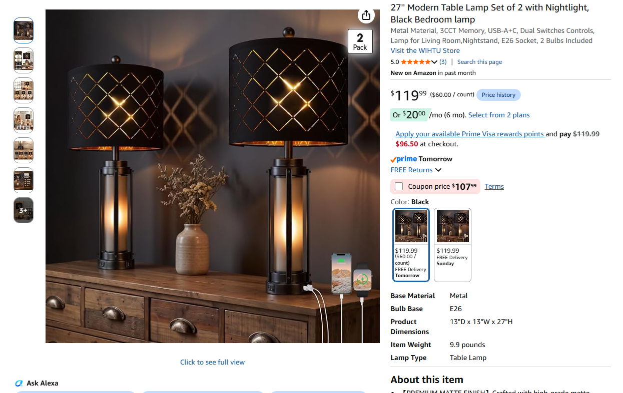 Modern Table Lamp Set of 2 with Nightlight, Black