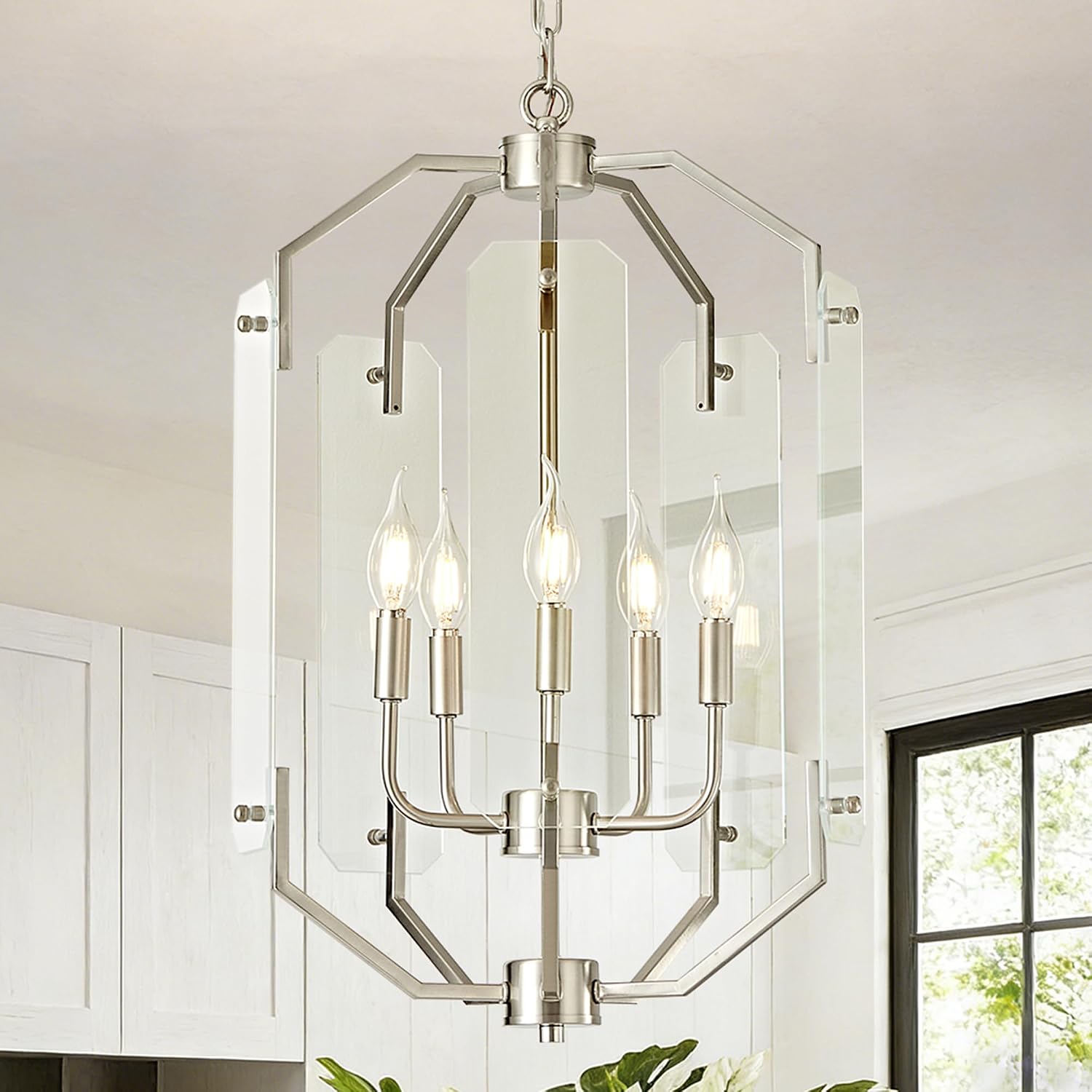 Farmhouse Chandelier for Dining Room, 5-Light Brushed Nickel