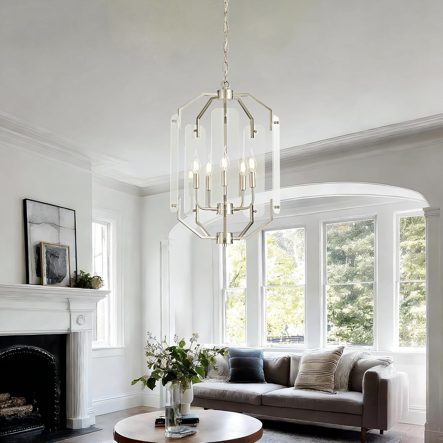 Farmhouse Chandelier for Dining Room, 5-Light Brushed Nickel